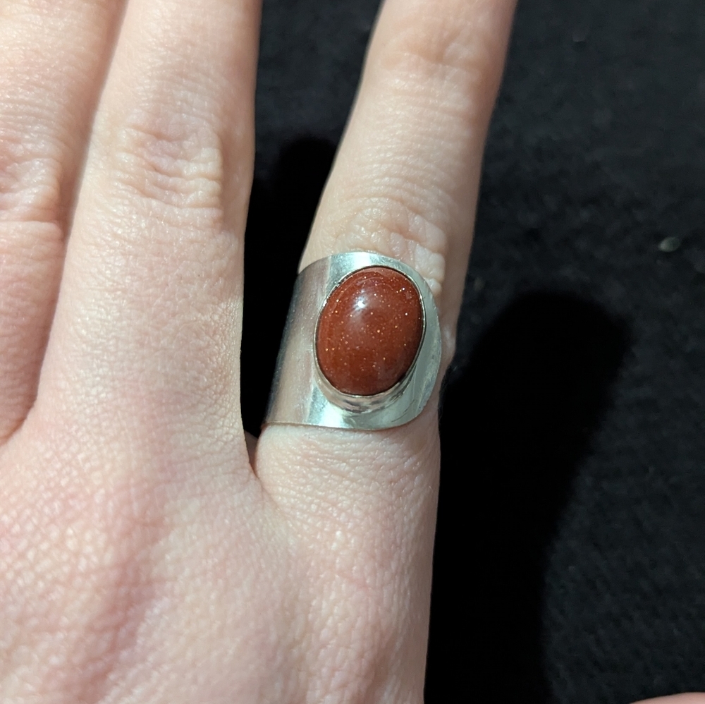 Silver Plated Brown Sandstone Gemstone Statement Bypass Ring - Adjustable Sz 7-9